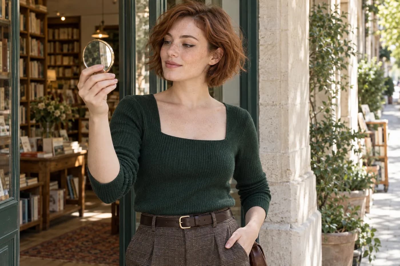 Jeune adulte aux taches de rousseur et cheveux roux courts vérifiant un trait supérieur discret dans un miroir rond à une entrée de librairie en pierre