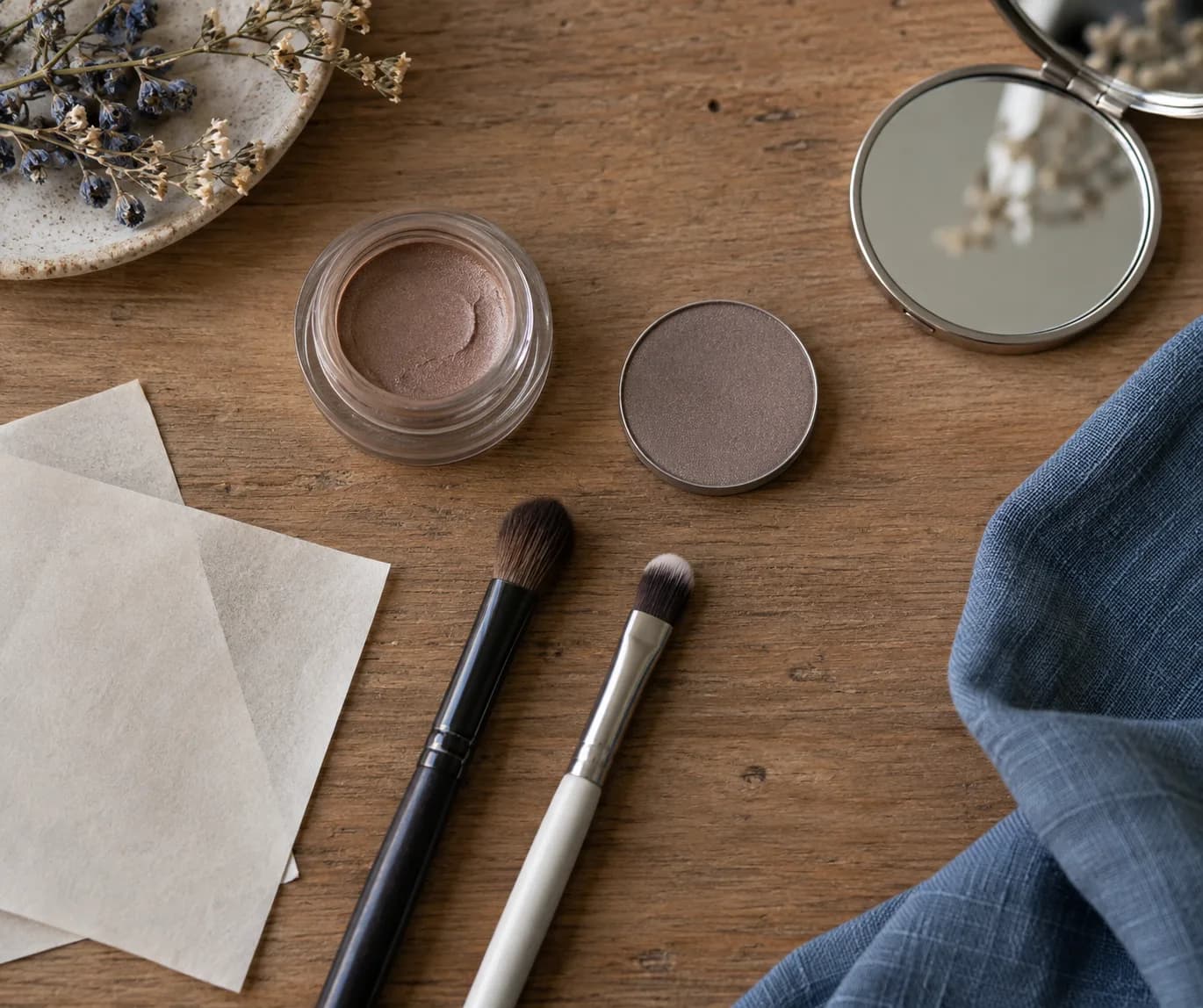 Unmarkierte Creme und Puder-Lidschatten mit Pinseln und Löschpapier auf einem Holztisch