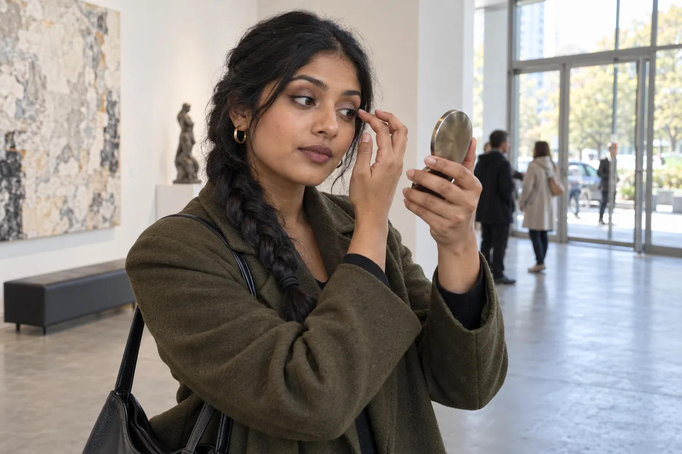 Junge Erwachsene mit dunklem geflochtenem Haar prüft Taupe-Make-up im Handspiegel im hellen Foyer einer Galerie