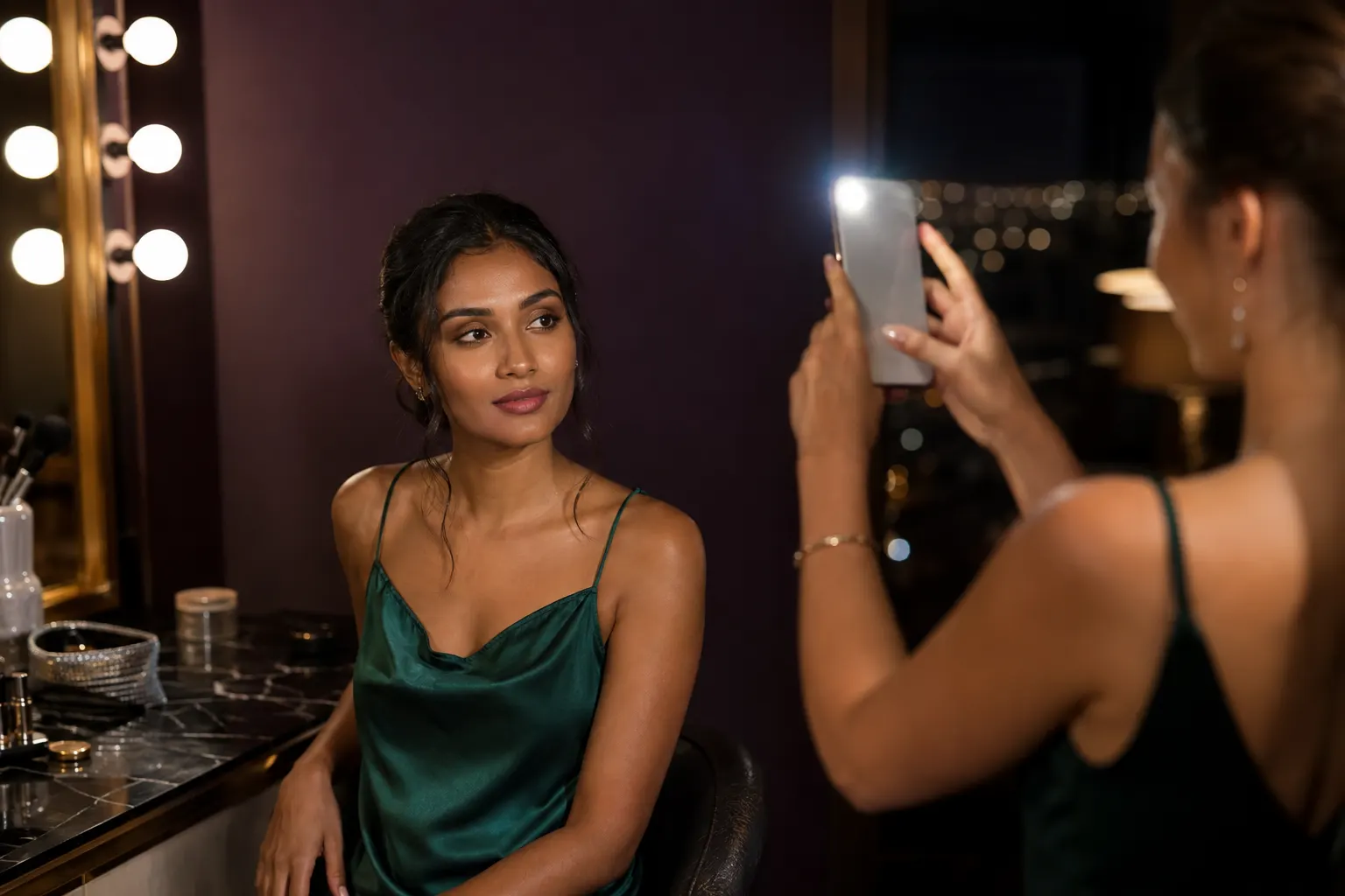 Jeune femme testant son maquillage de soirée au flash direct devant une coiffeuse prune