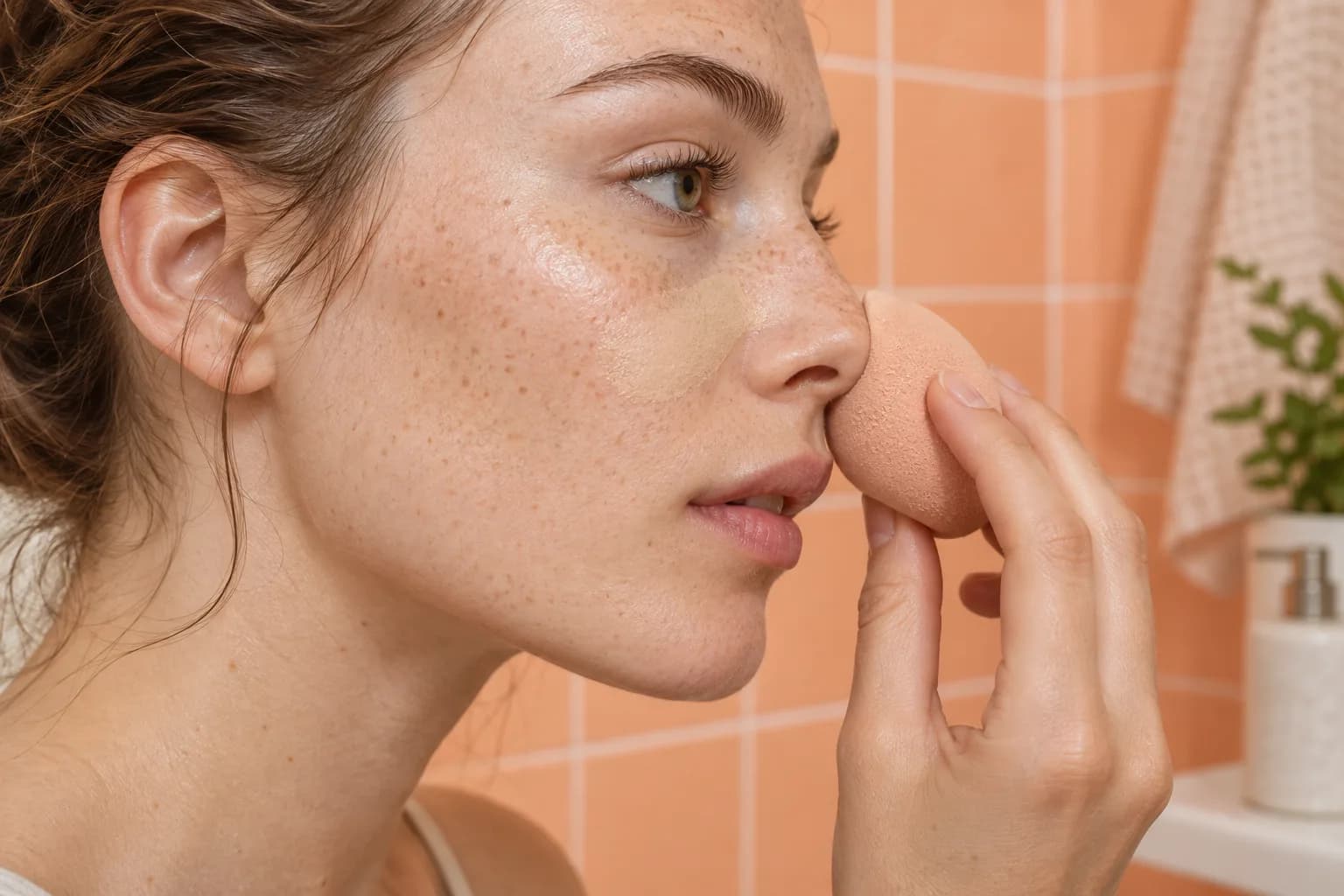 Freckled woman pressing a sponge beside her nose over a thin foundation layer in an apricot bathroom