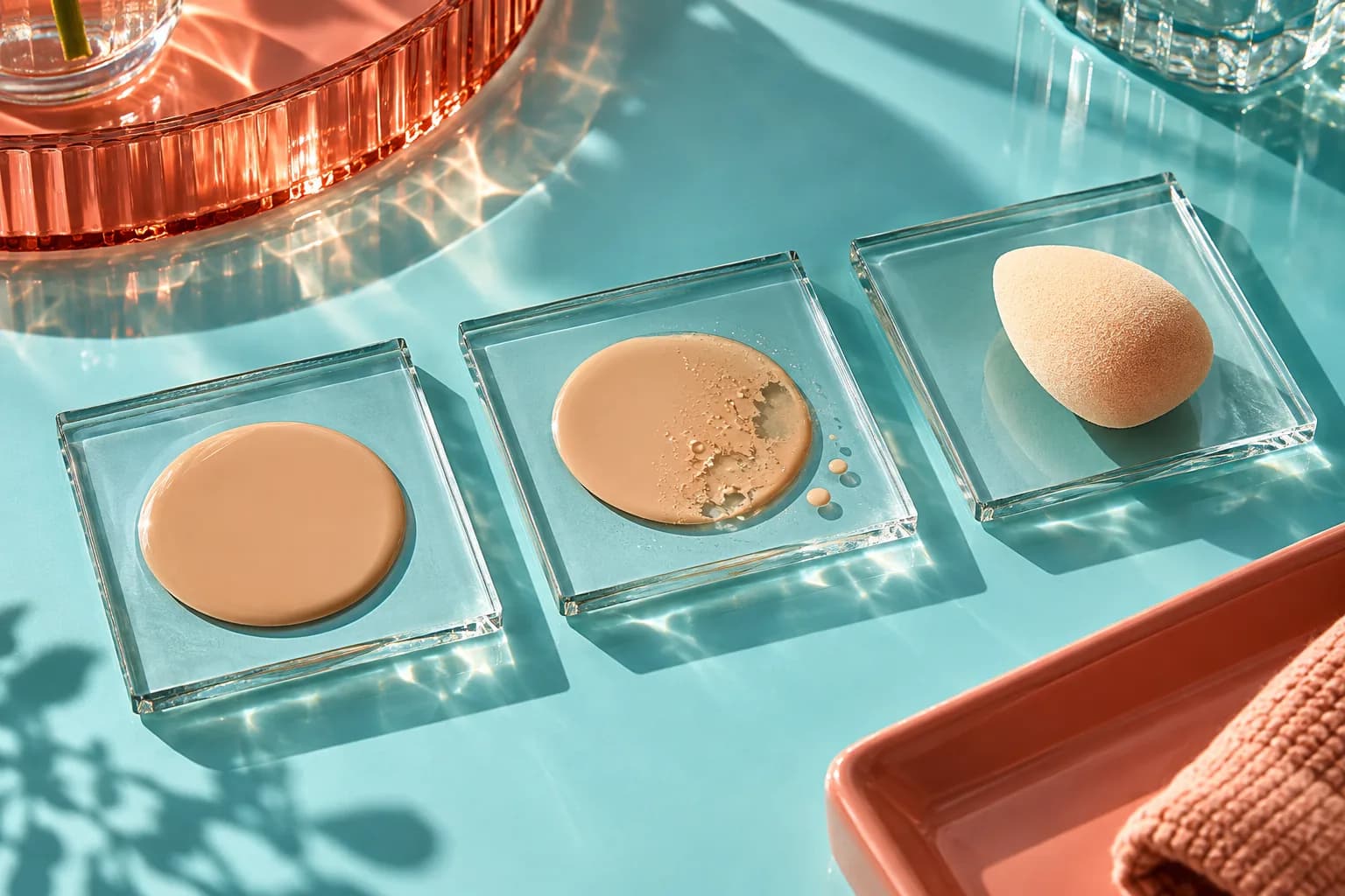 Smooth and broken foundation films on clear glass tiles over a vivid aqua table
