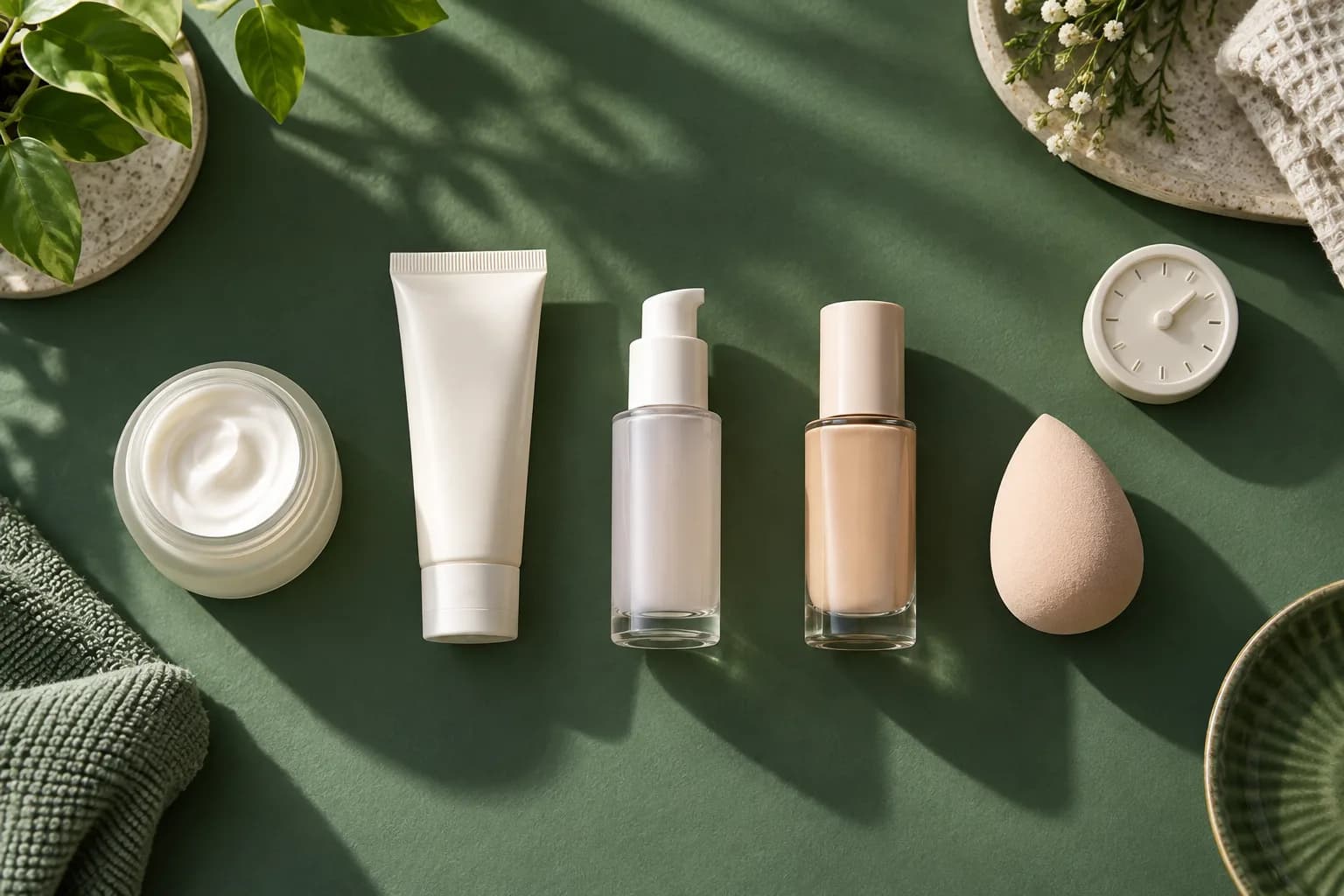 Unbranded moisturizer, sunscreen, primer, foundation and sponge arranged in application order on forest green
