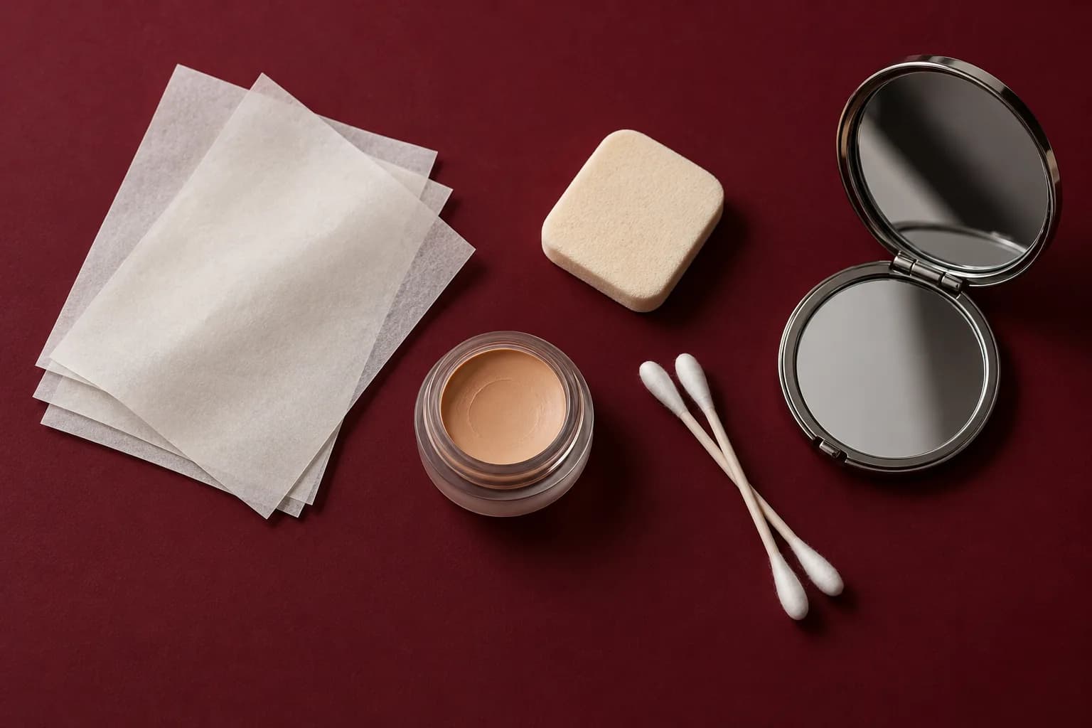 Clean blotting sheets, sponge, concealer pot, cotton swabs and mirror on a burgundy surface