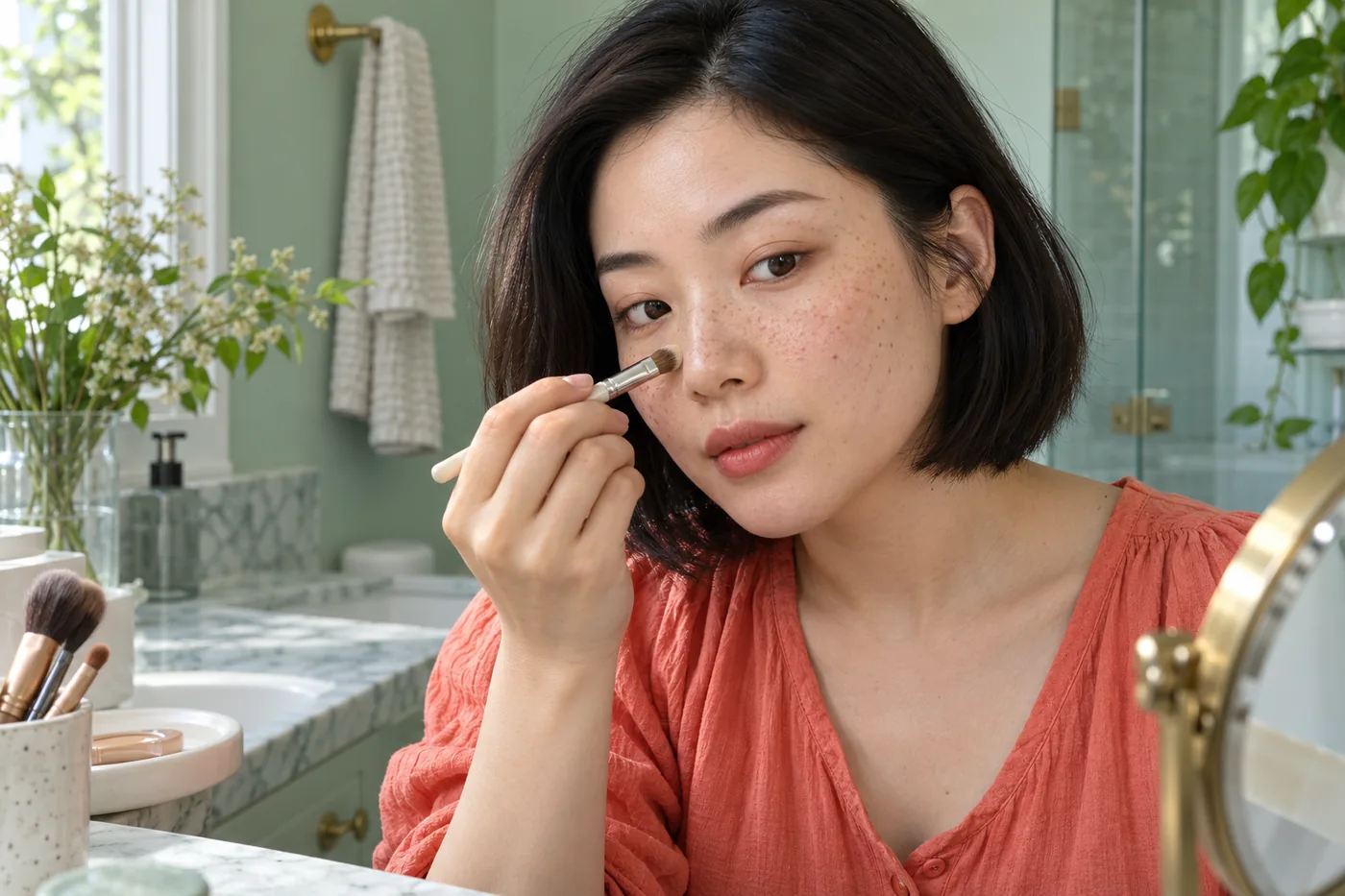 Femme en blouse corail utilisant un petit pinceau près du nez devant une vasque vert menthe