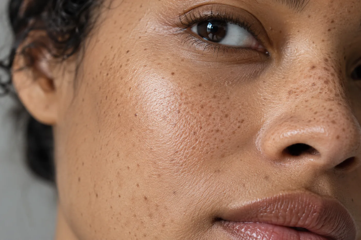 Gros plan d’une joue brune avec taches de rousseur, nez et œil ouvert montrant la texture naturelle
