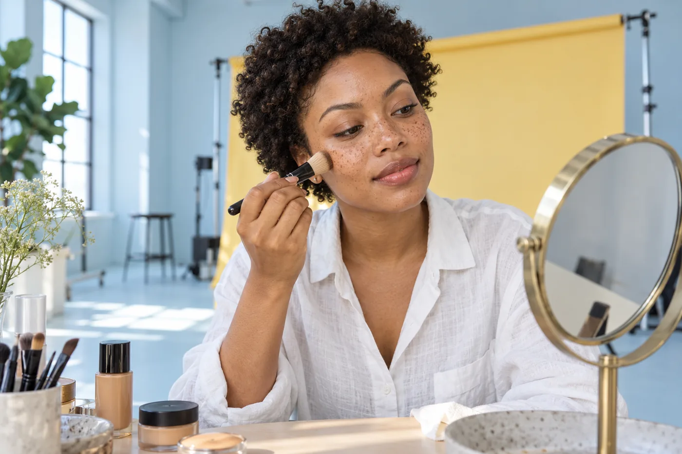 Femme aux taches de rousseur et boucles courtes appliquant du maquillage sur la joue dans un studio bleu devant un fond jaune