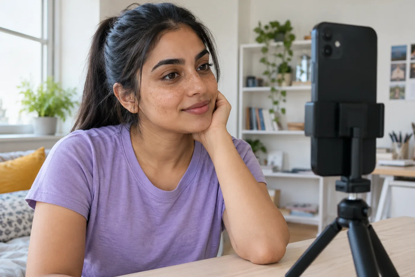 Femme aux taches de rousseur en tee-shirt lavande face à un téléphone sur trépied de table près d’une fenêtre
