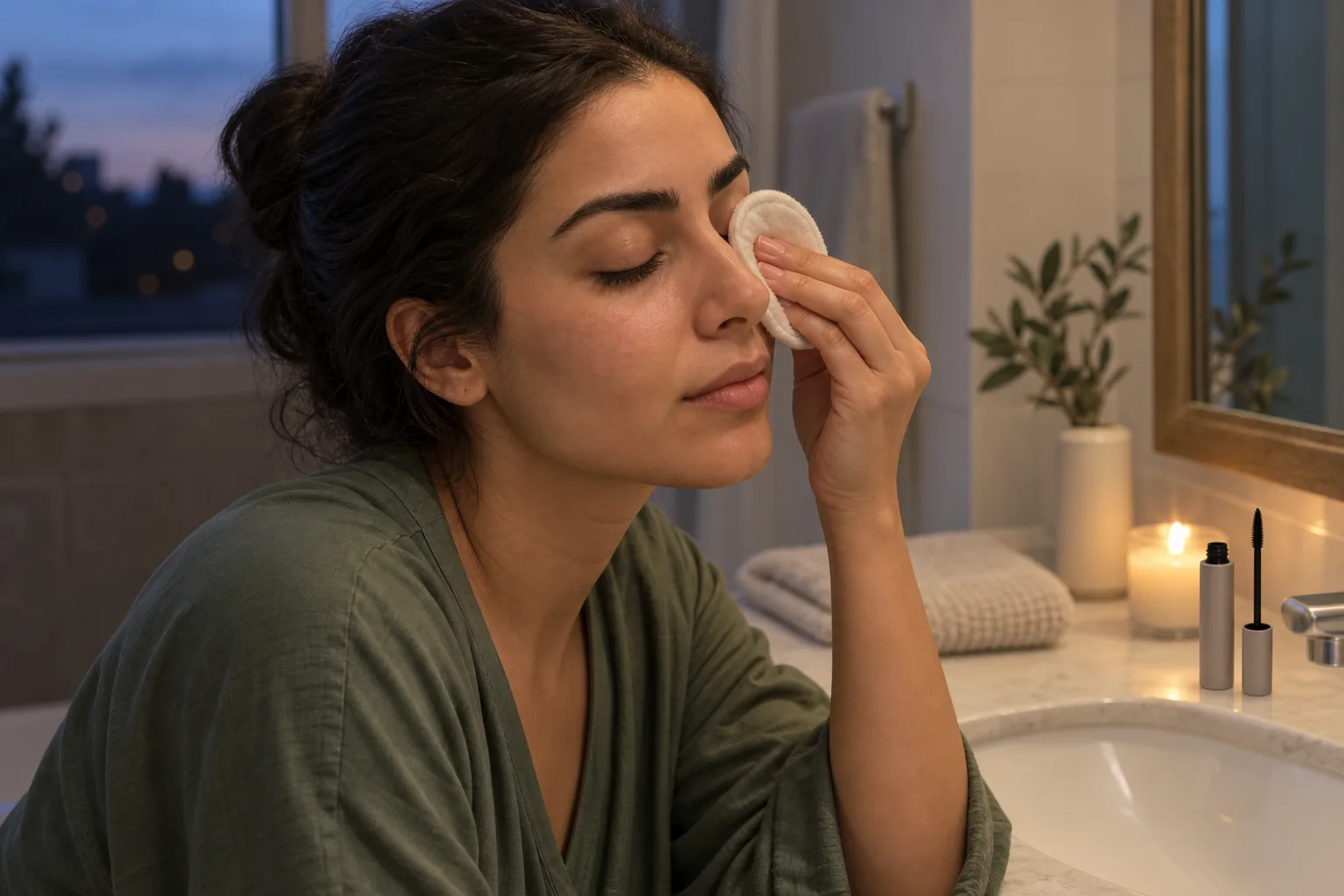 Young Middle Eastern woman in a green top gently holding a damp reusable cotton pad against one closed eye in a warm bathroom