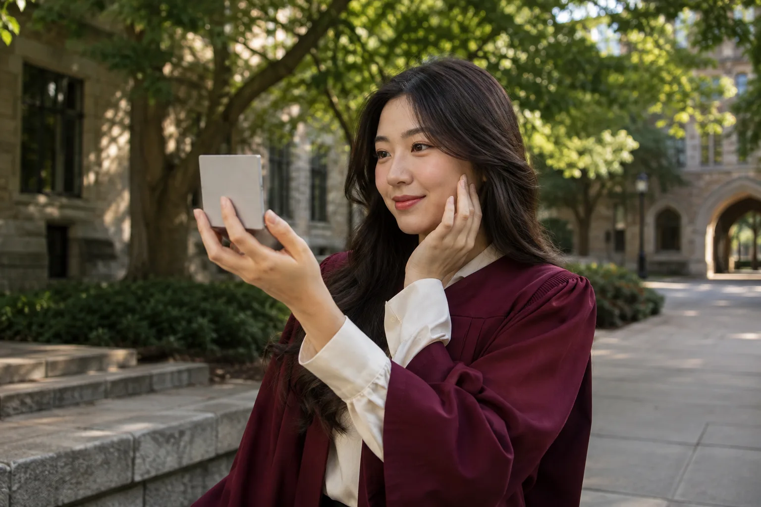 Jeune diplômée d'Asie de l'Est en toge bordeaux vérifie son maquillage avec un miroir dans l'ombre du campus