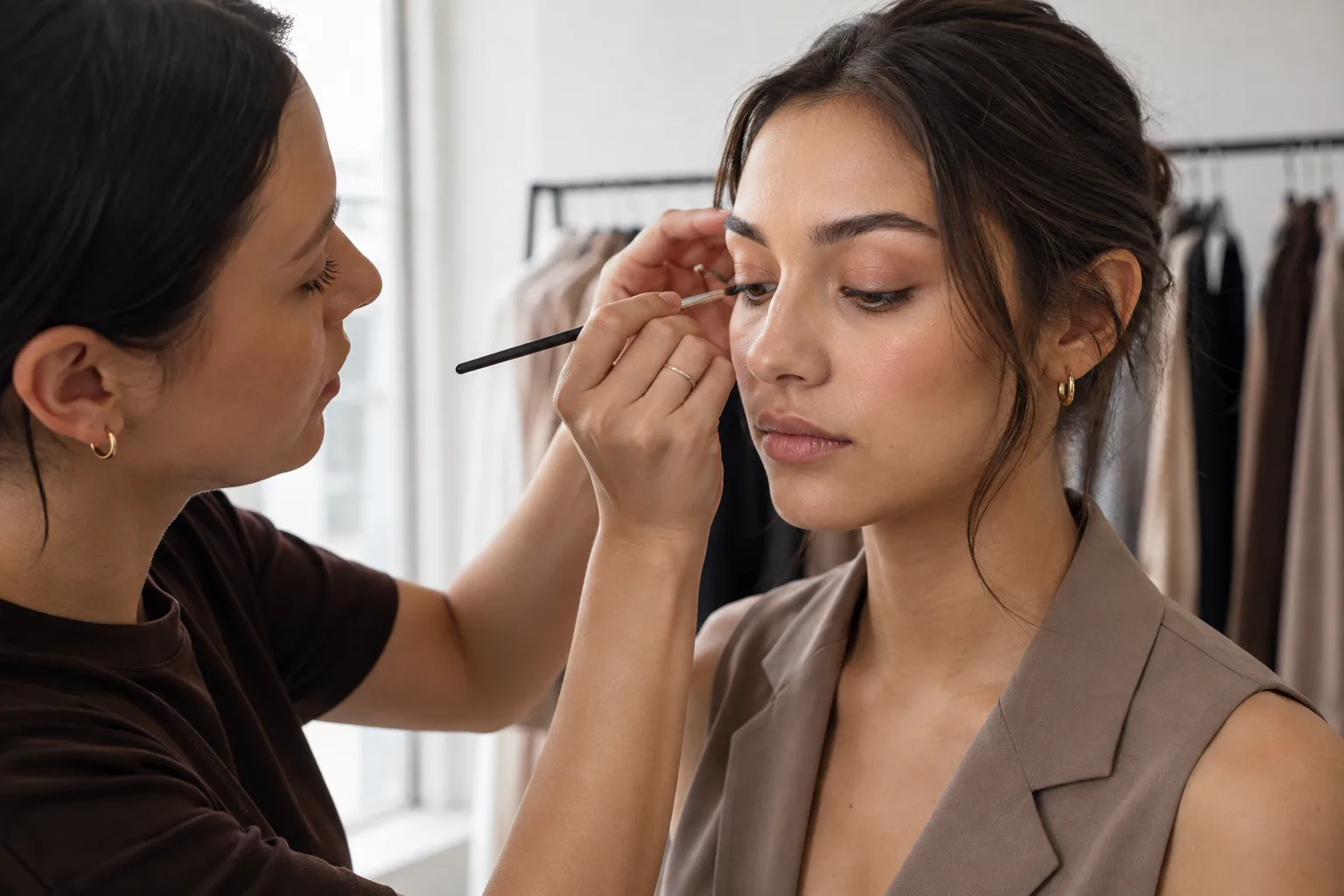 Maquilleuse teste un fin trait brun sur une jeune diplômée portant un haut taupe