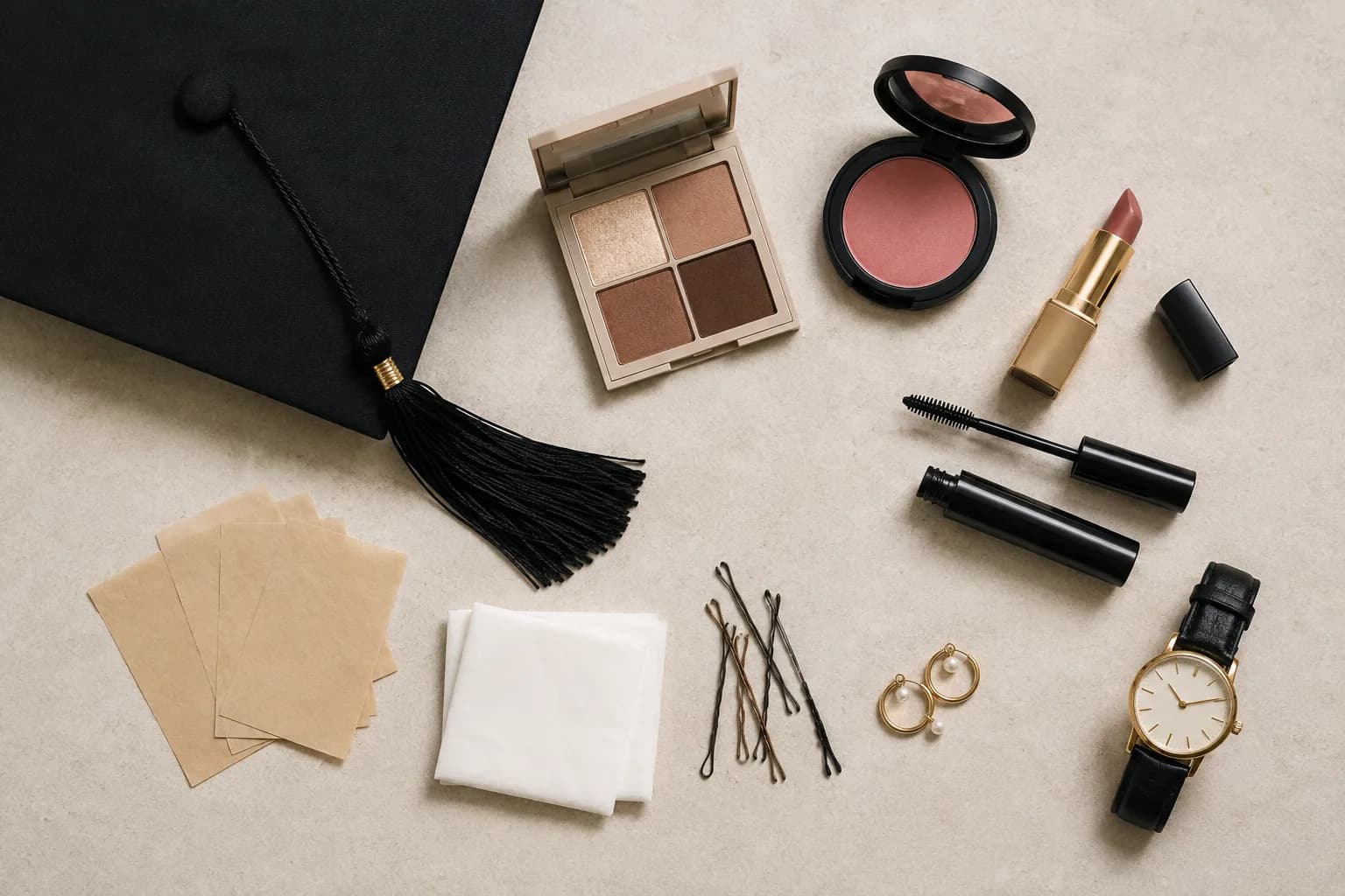 Coiffe de diplômée, pompon, palette neutre, blush, rouge à lèvres, mascara, montre, mouchoirs et épingles disposés pour préparer le maquillage