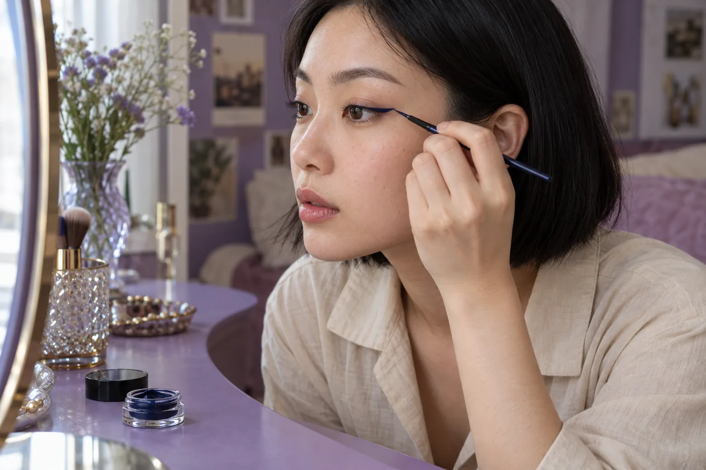 Young East Asian adult with a black bob and beige shirt places a fine navy liner brush at the external outer upper-lid area by a violet desk