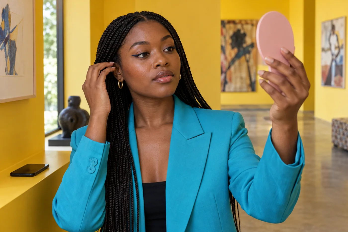 Young Black adult with microbraids and a turquoise blazer checks navy graphic eyeliner in a pink mirror in a yellow gallery
