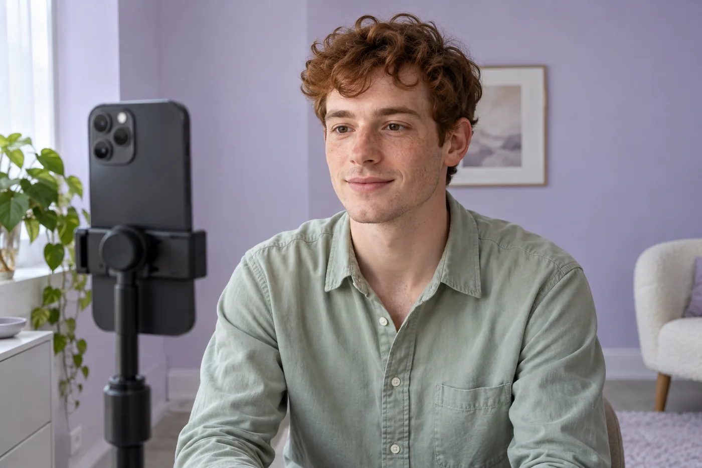 Young freckled adult with auburn curls and a sage shirt faces an eye-level phone in a lavender room