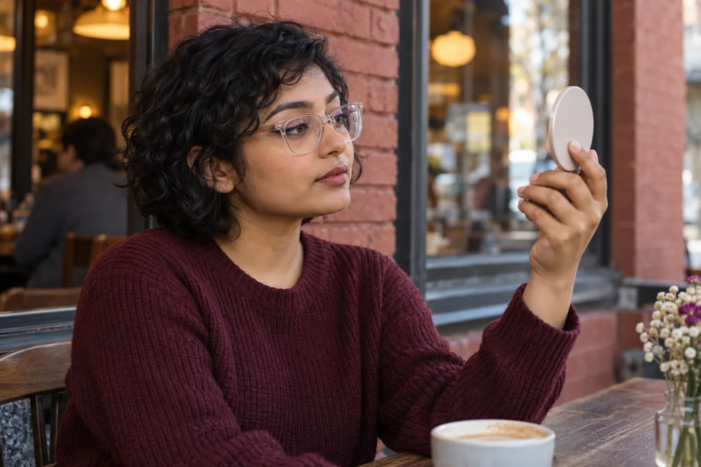 Young South Asian adult with short curls, clear glasses and burgundy sweater checks navy liner in a compact beside a brick cafe window