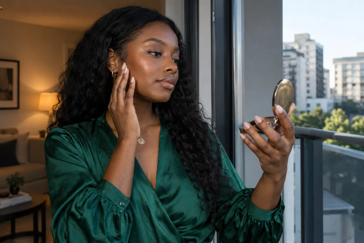 Woman in an emerald blouse checking a subtle cheek highlight by an open balcony door