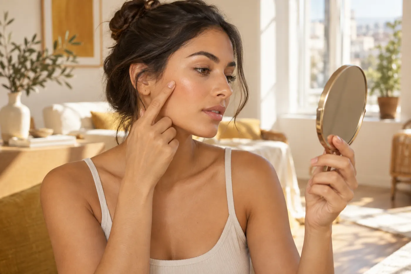 Young woman in a bright apartment checking where a soft cheekbone highlight catches light in a handheld mirror