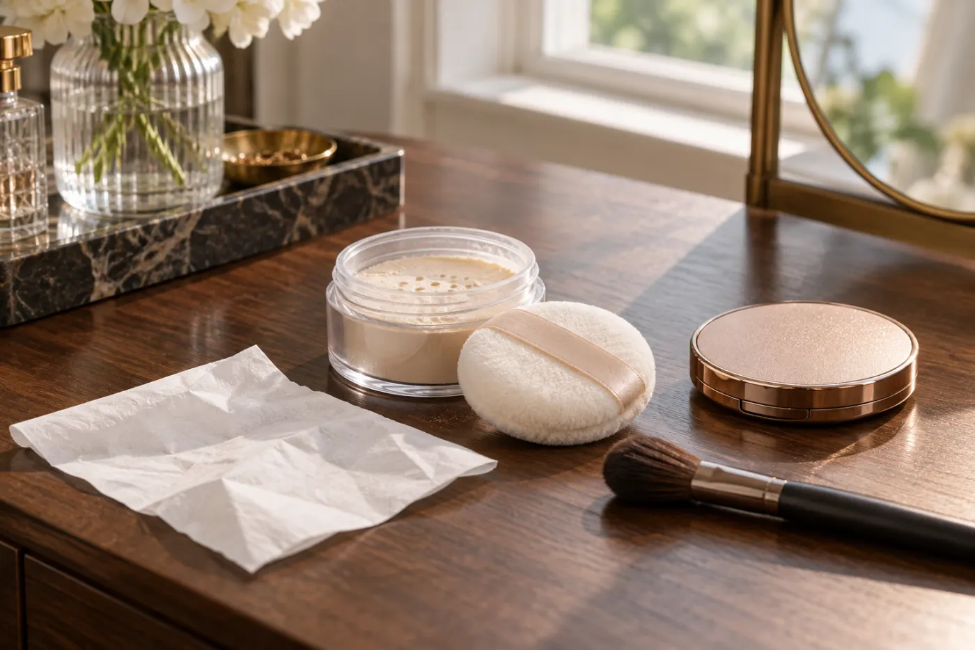 Clean tissue, powder puff, soft brush and closed unbranded compact on a walnut vanity