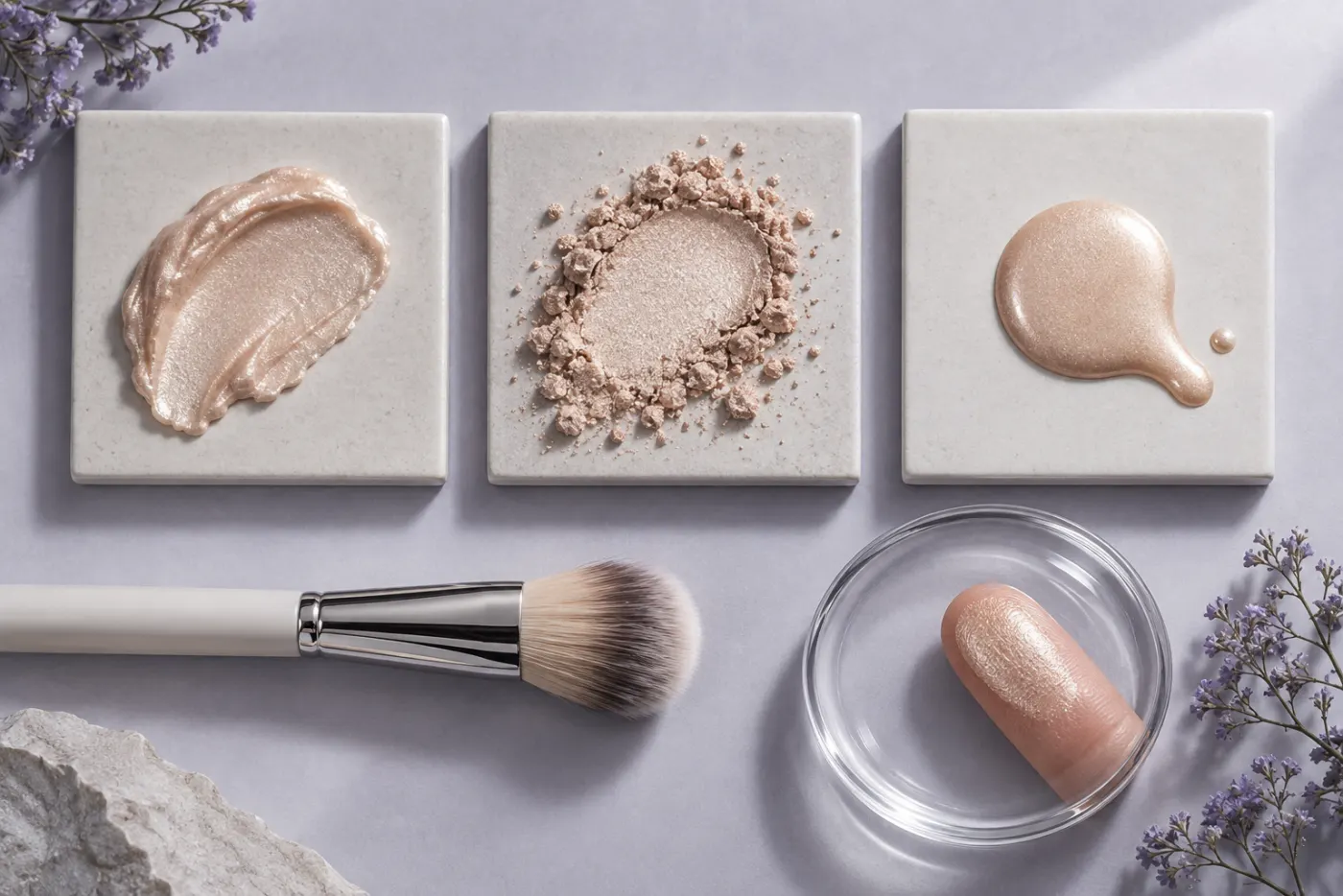 Unbranded cream, powder and liquid highlighter textures on separate ceramic tiles beside a brush