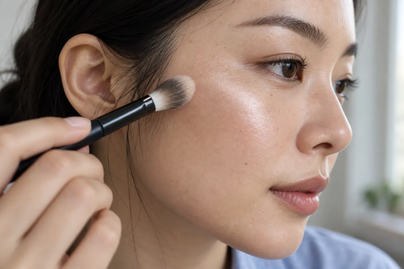 Close side view of a small brush placing a fine sheen on the upper cheekbone of a young woman