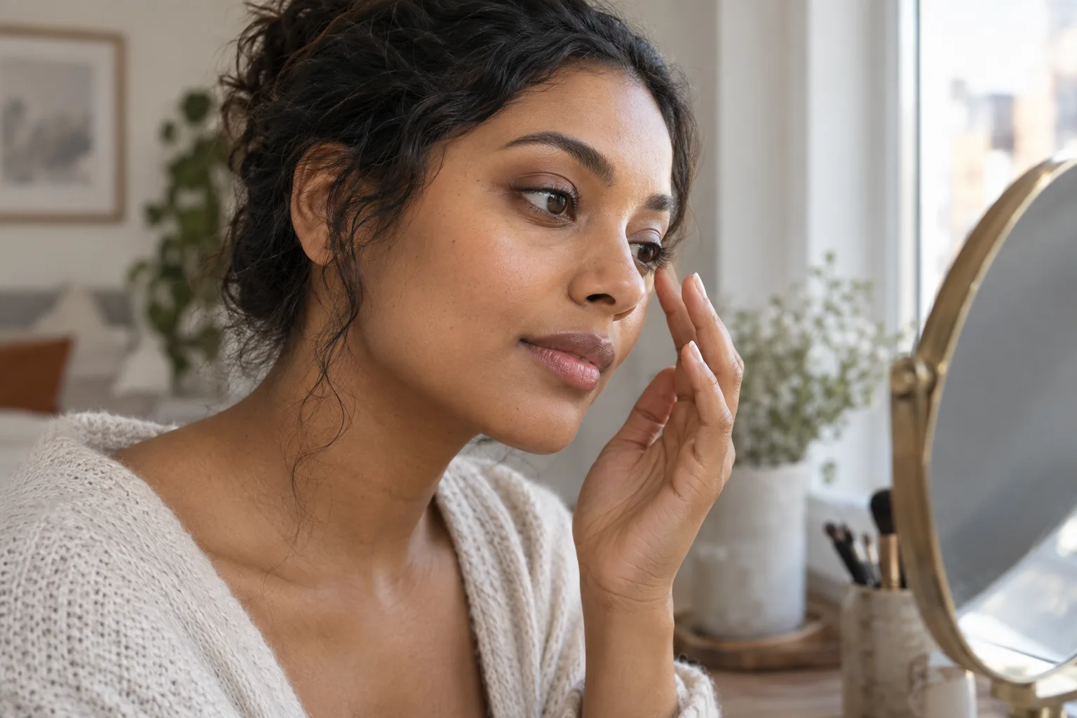 Young woman checking a light complexion and soft eye definition beside a daylight window