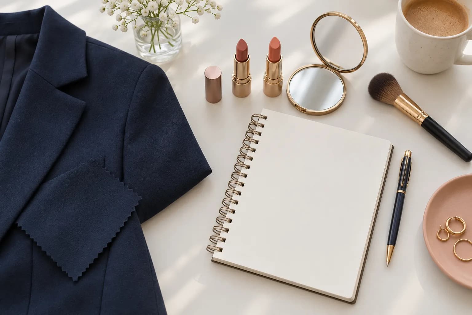 Navy jacket fabric, two unbranded lip colors, blank notebook and mirror arranged for interview look planning