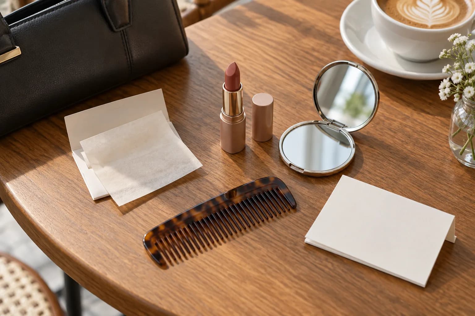 Small mirror, clean blotting paper, lip color and comb arranged as an interview touch-up kit