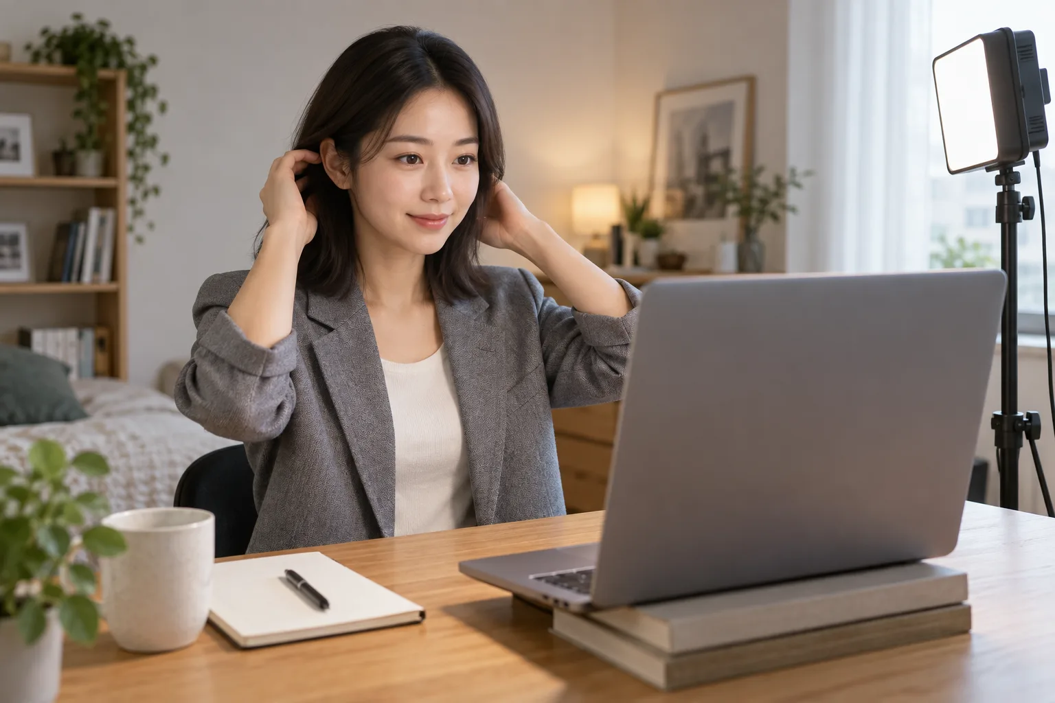 Young woman testing a laptop camera with soft front lighting in a quiet home workspace