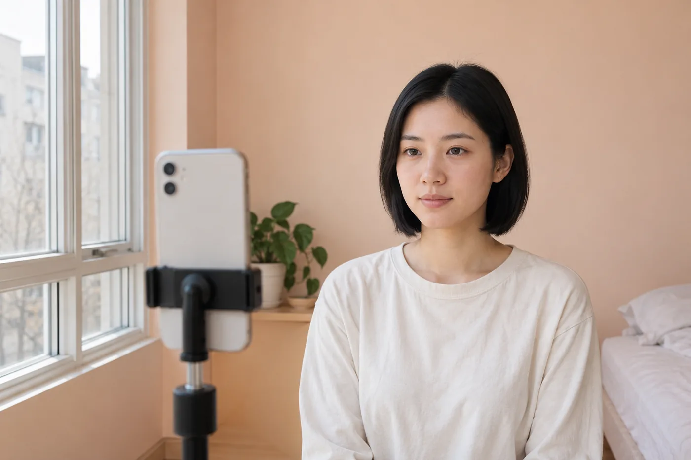 Jeune adulte aux cheveux courts préparant un portrait avec un téléphone sur support près d’une fenêtre à lumière douce