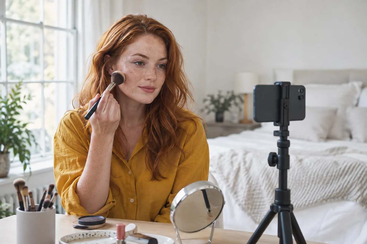 Junge Erwachsene mit kupferrotem Haar und Sommersprossen bereitet Make-up neben einem Handystativ am hellen Schlafzimmerfenster vor