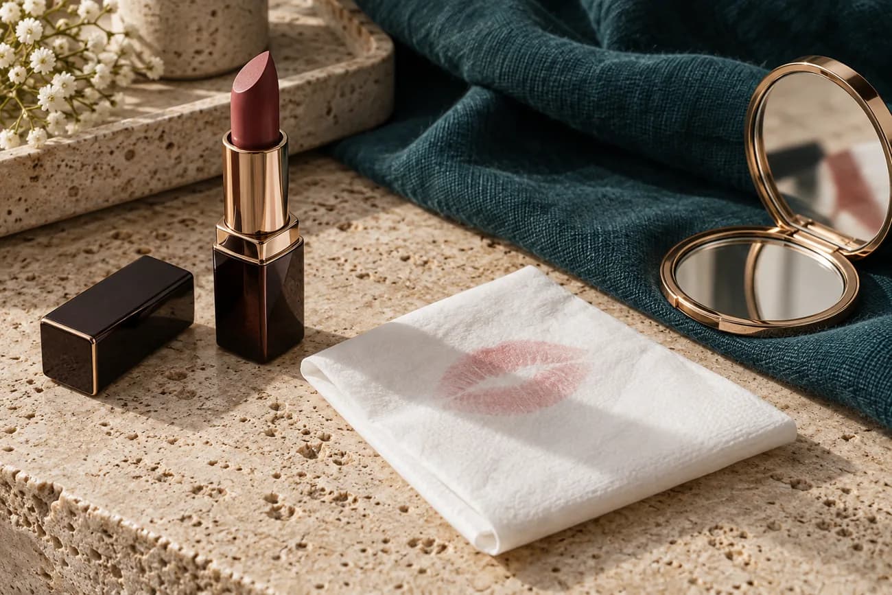 Muted berry lipstick and a folded tissue with a light lip-color imprint on pale stone
