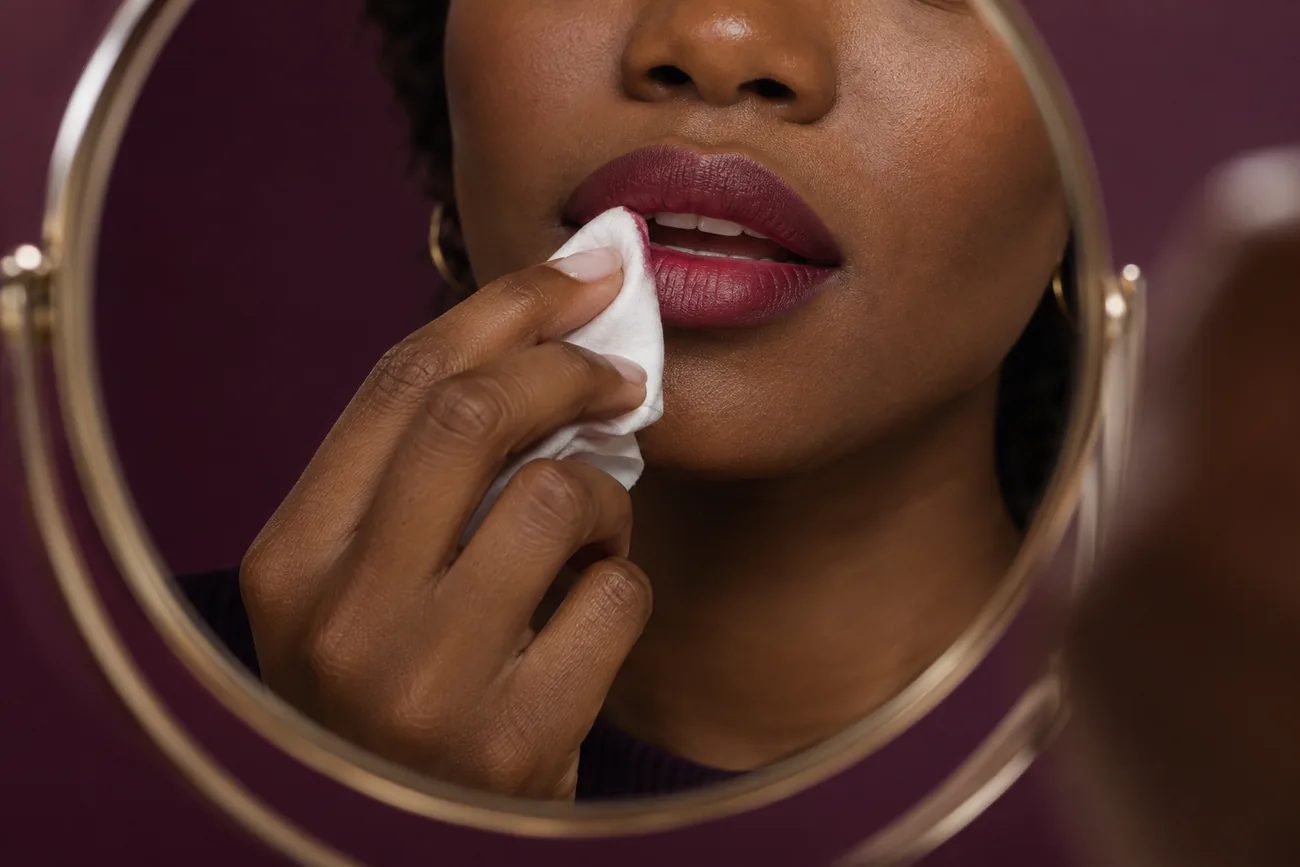 Young adult gently lifts berry lipstick from the inner lip margin with a clean folded tissue