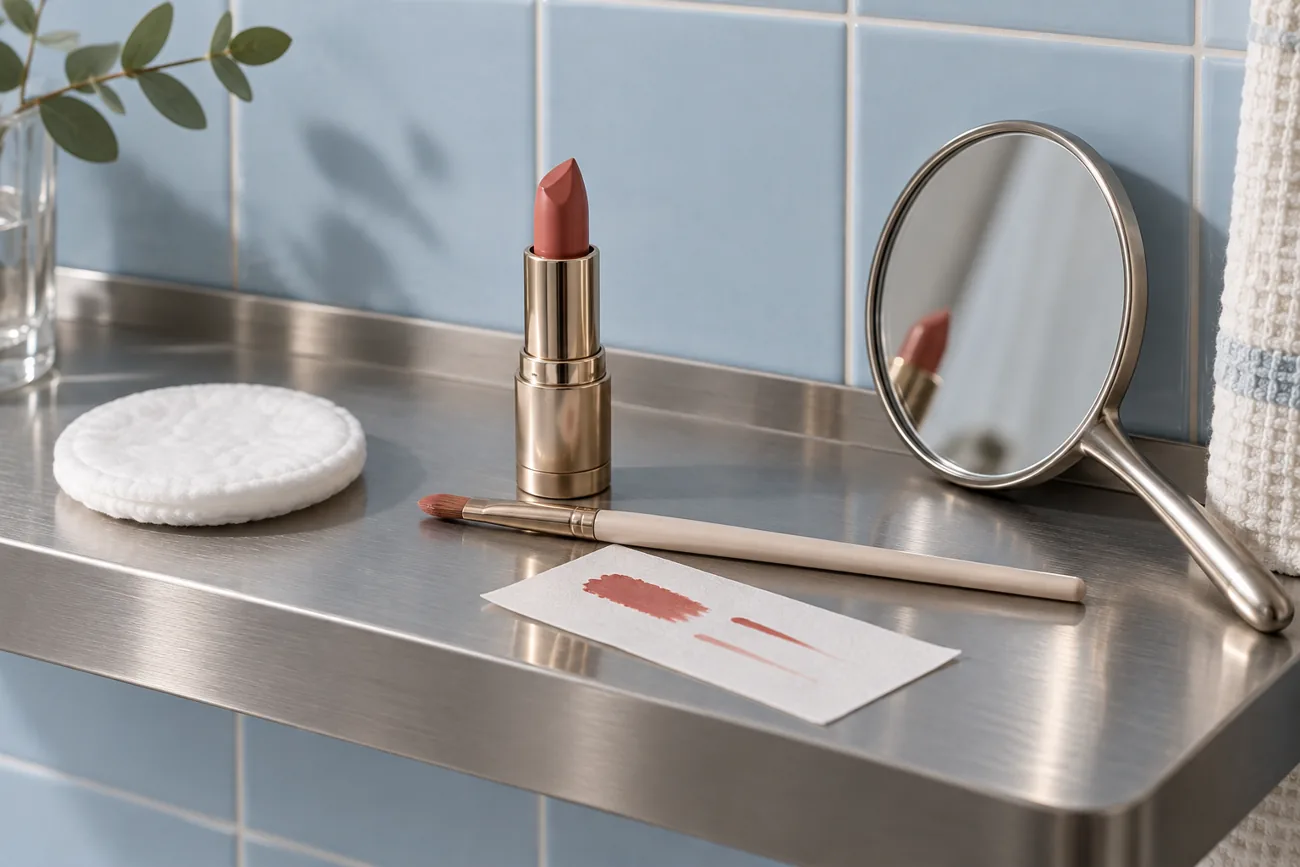 Unbranded lipstick, clean pad, slim lip brush and hand mirror arranged on a blue-tiled bathroom shelf