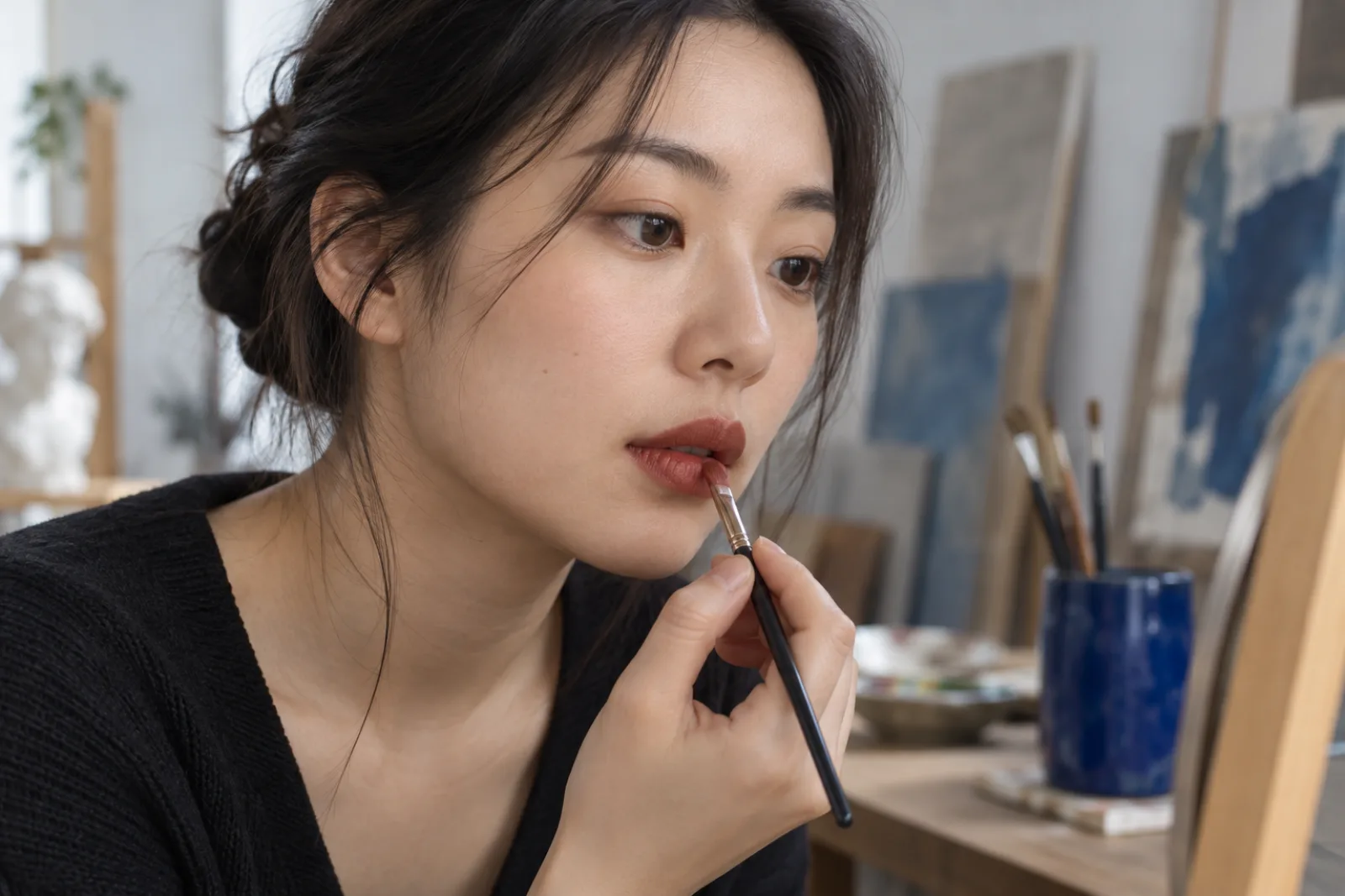 Jonge Oost-Aziatische vrouw brengt een dunne laag baksteenrode lipstick aan met een klein kwastje in een atelier met daglicht