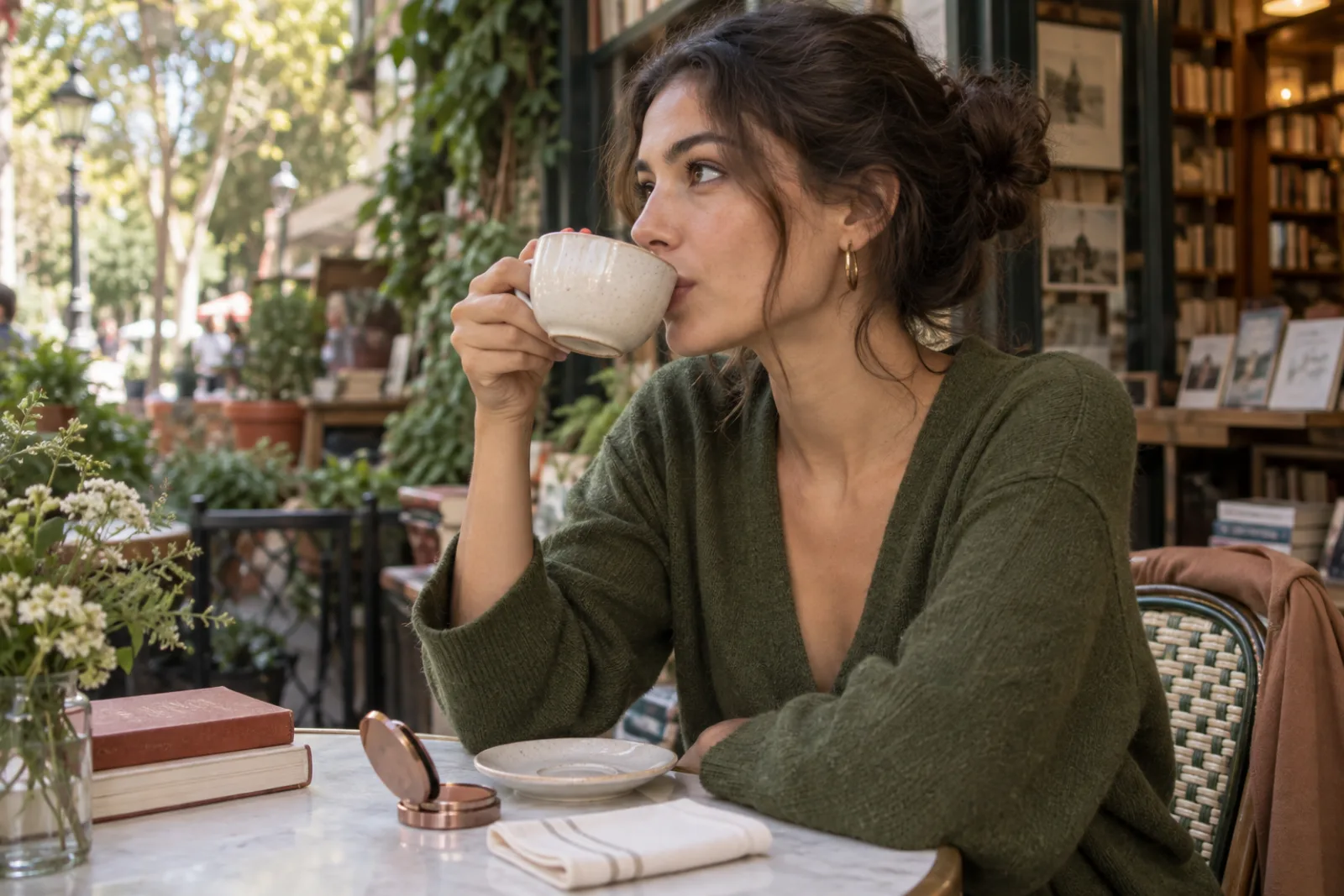 Jonge vrouw met rozebruine lipstick neemt een normale slok uit een keramische kop in een groen boekhandelcafé