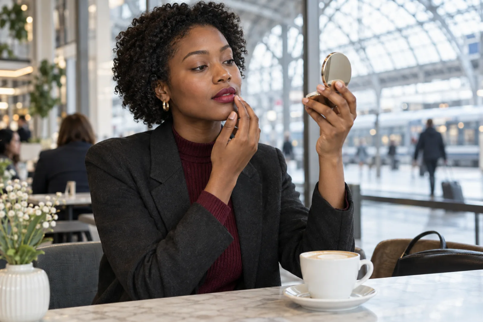 Jonge zwarte vrouw controleert zacht gedragen berrylipstick in een compactspiegel in een licht stationscafé