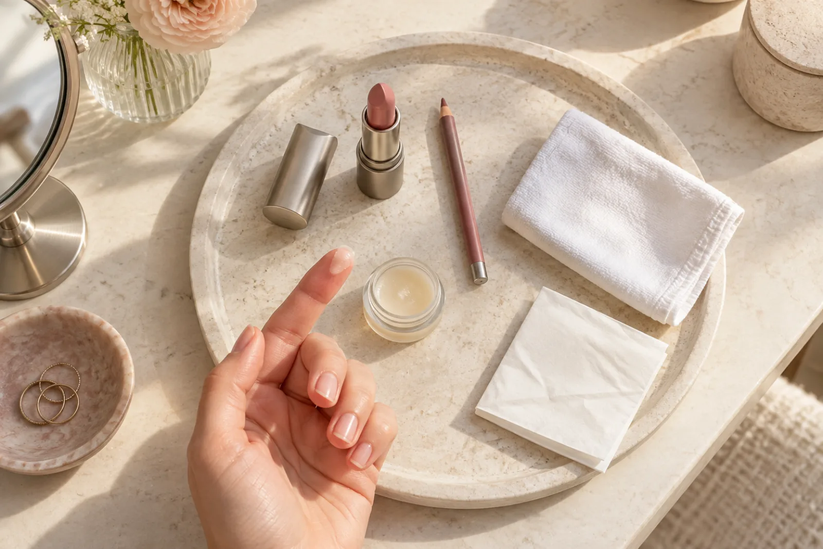 Merkloze roze lipstick, passend potlood, balsem, zachte doek en gevouwen tissue op een lichte stenen schaal