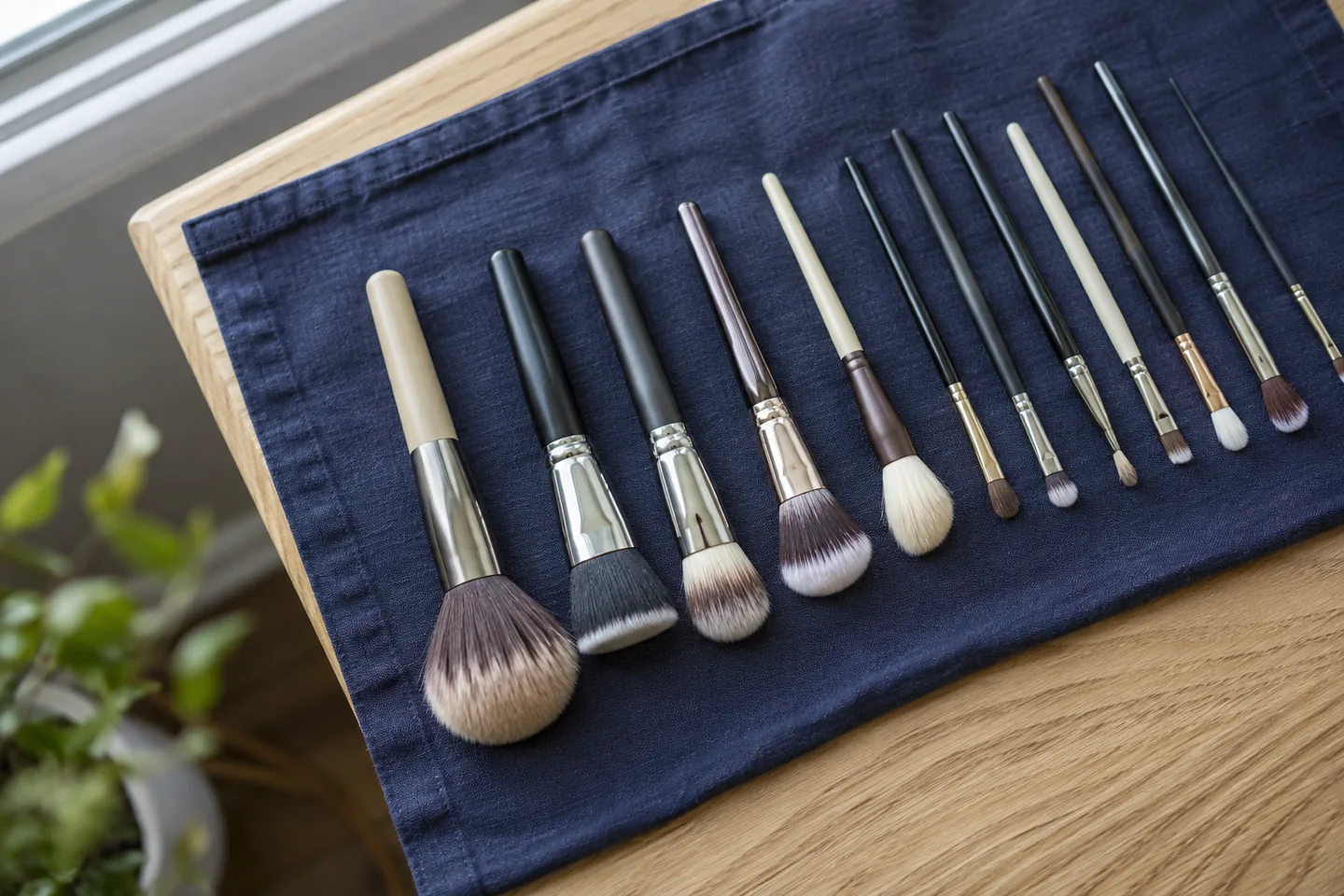 Pinceaux propres pour le visage et les yeux disposés à plat et espacés sur du lin bleu près d'une fenêtre