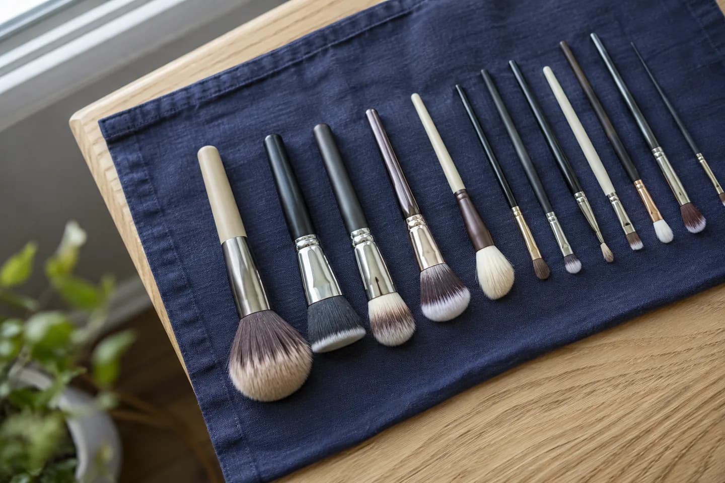 Clean face and eye makeup brushes arranged flat with space between them on navy linen near a window