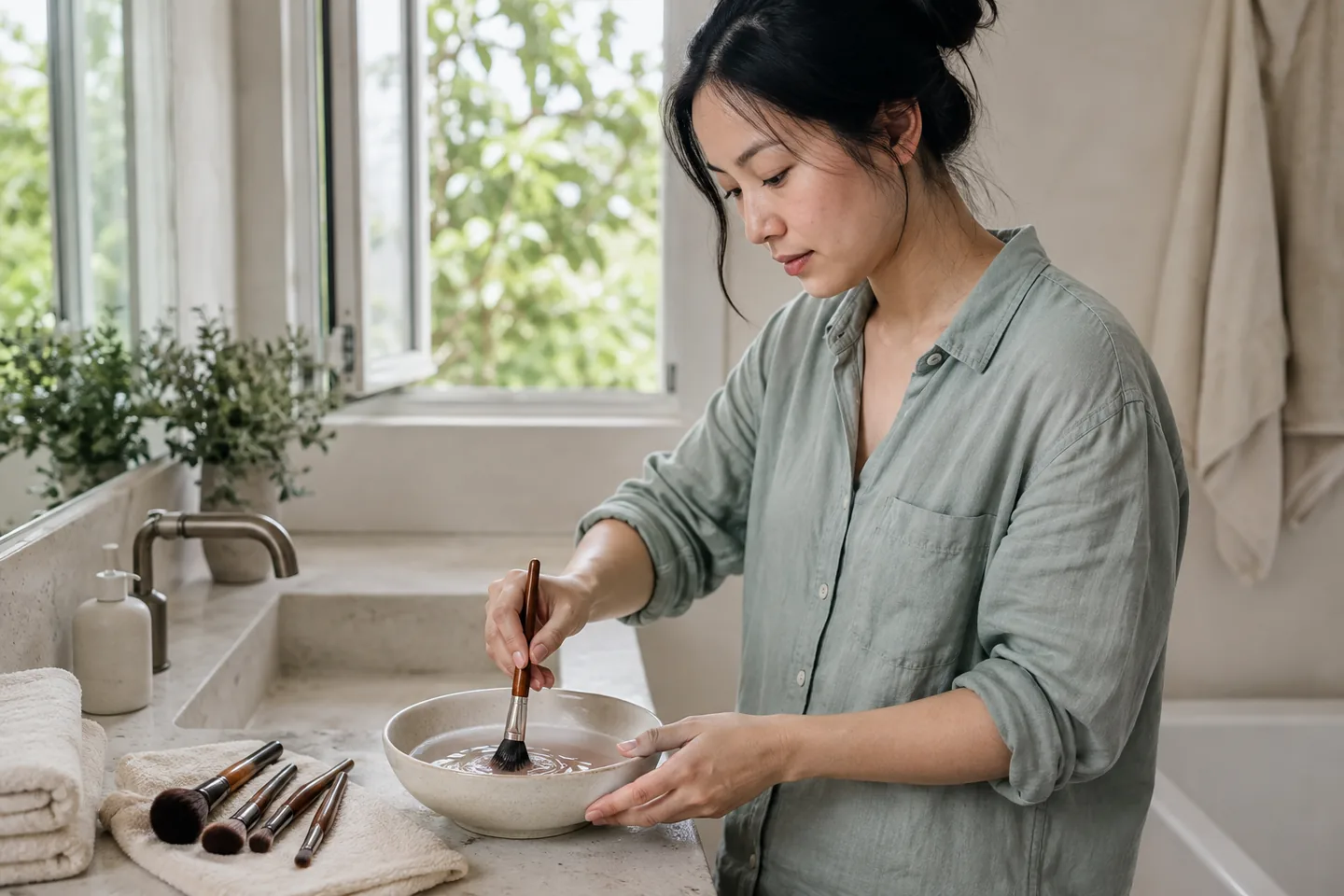 Young East Asian woman cleaning personal makeup brushes in a bright bathroom beside an open window