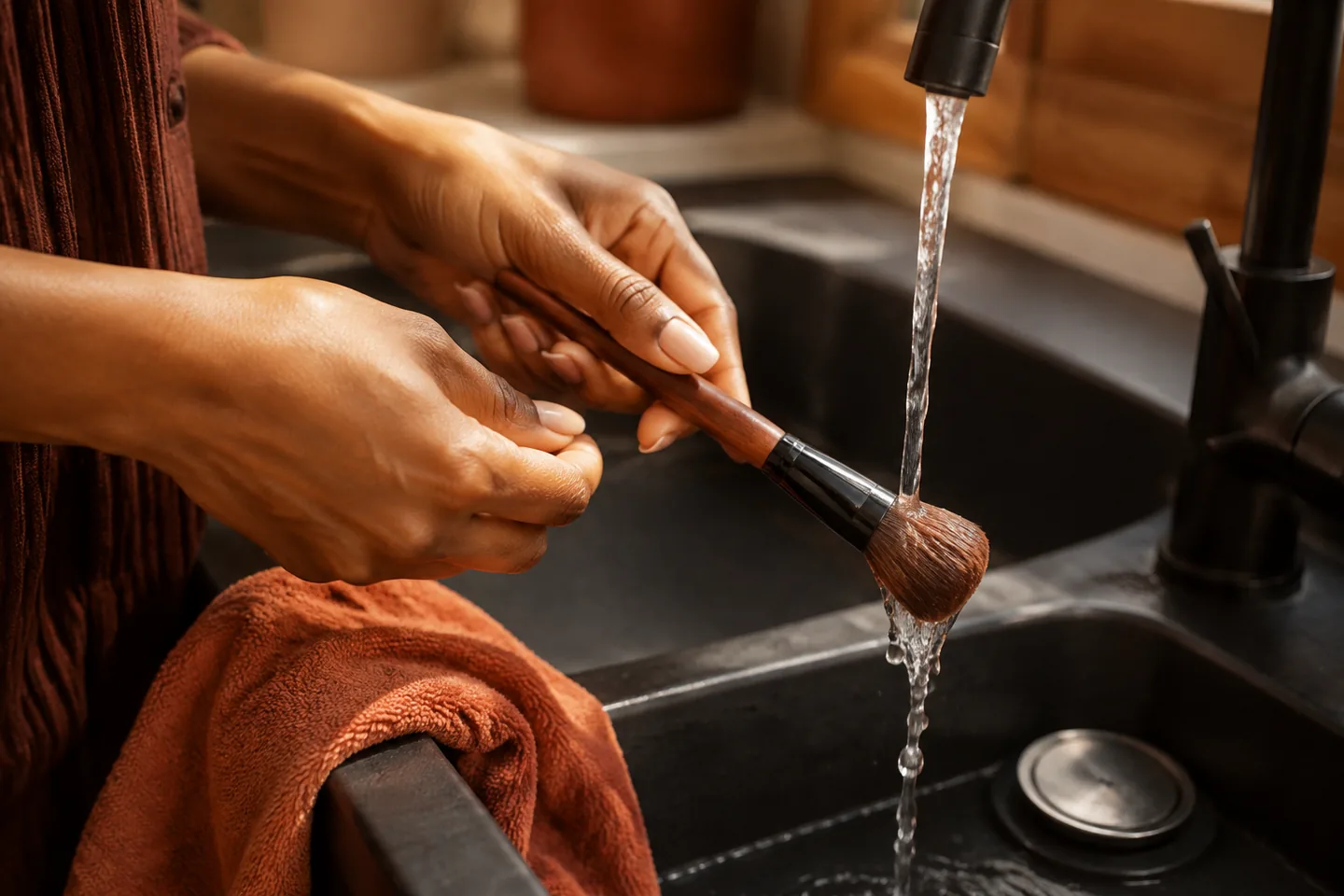 Hands rinsing a makeup brush with the bristles pointing down under a tap above a matte black sink