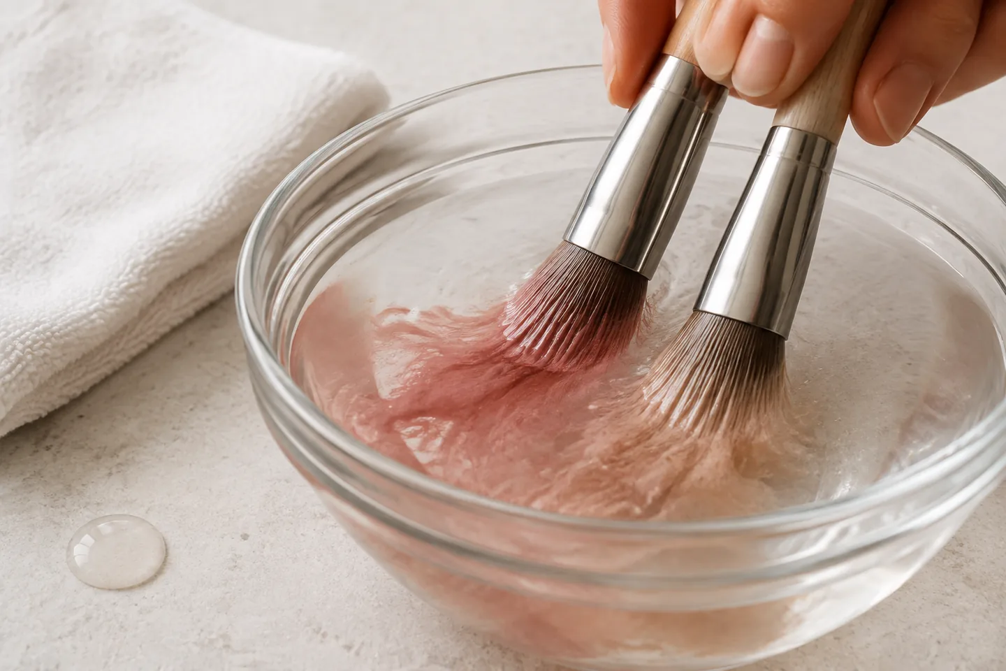 Two makeup brush heads releasing rose and beige pigment into a clear bowl while the metal ferrules stay above the water