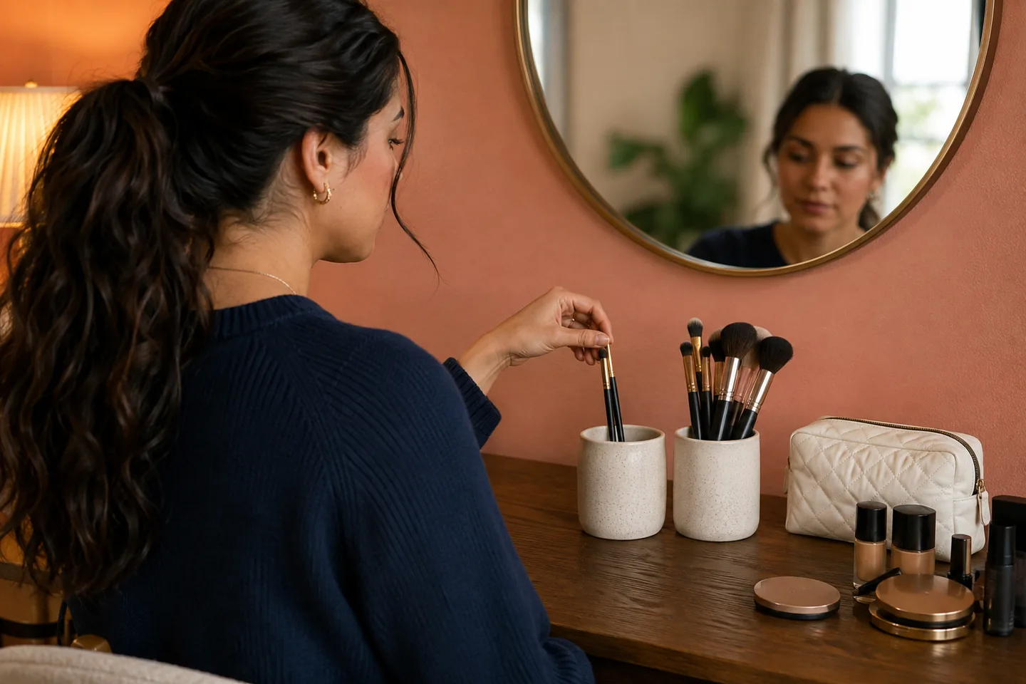 Young Latina woman sorting completely dry makeup brushes into two clean ceramic cups at a peach-colored vanity