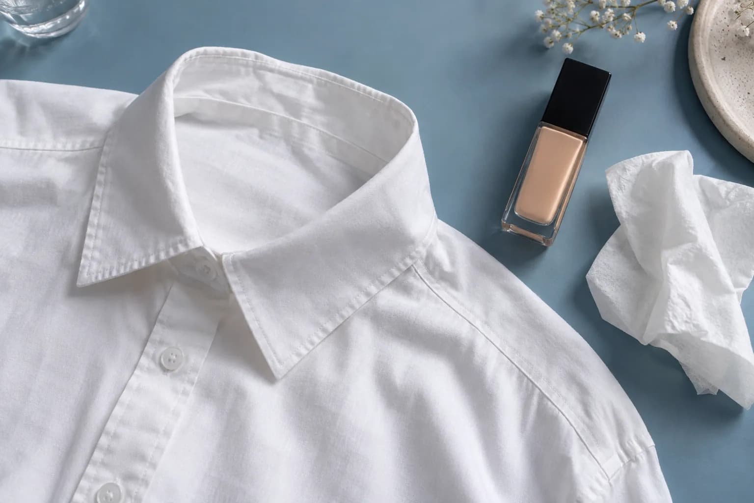 Schone witte katoenen blouse met kraag naast een merkloos flesje foundation en een tissue op een blauwe tafel