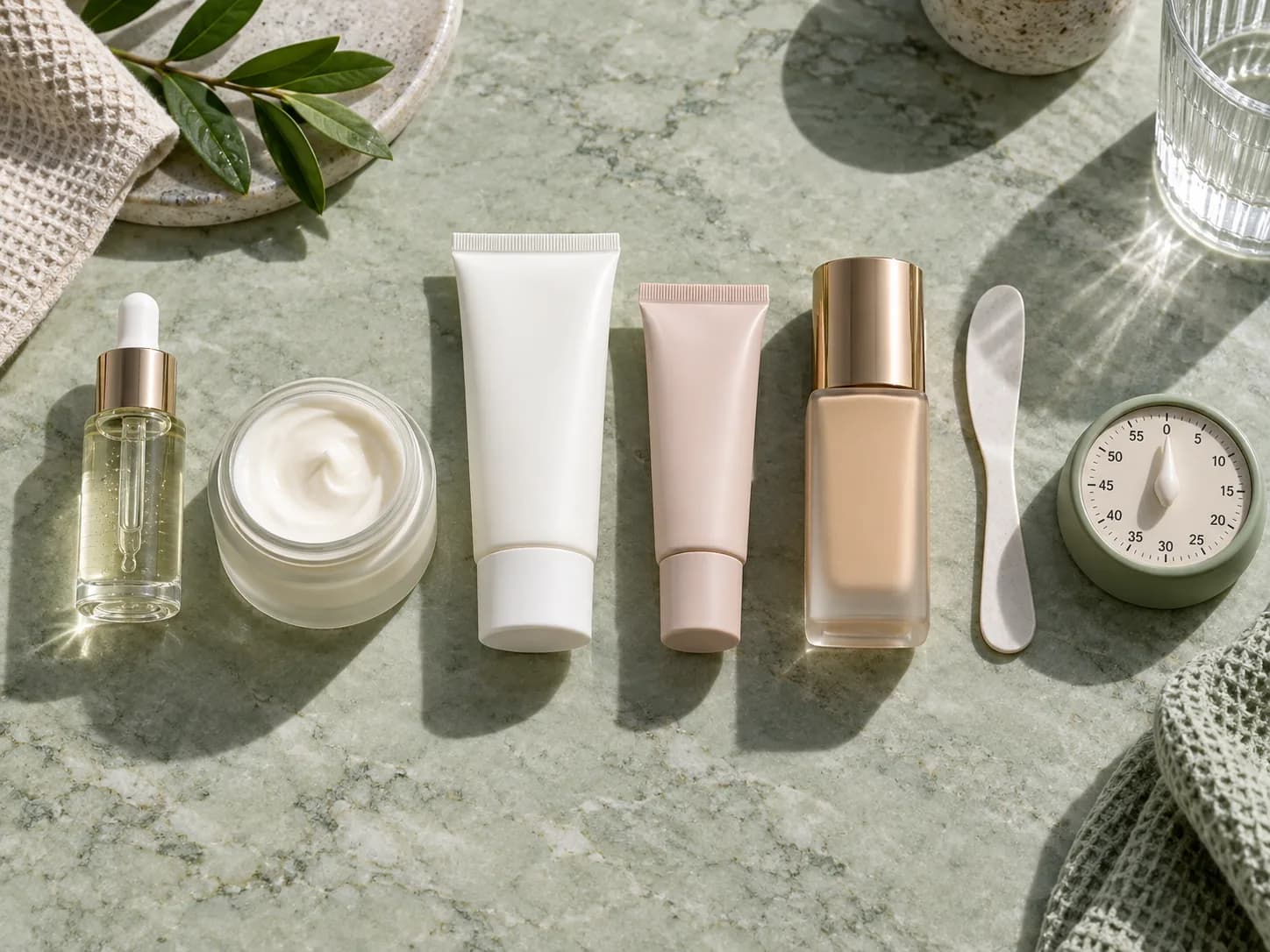Unmarkiertes Serum, Creme, Sonnenschutz, Primer und Foundation liegen mit einer Zeituhr in Auftragsreihenfolge