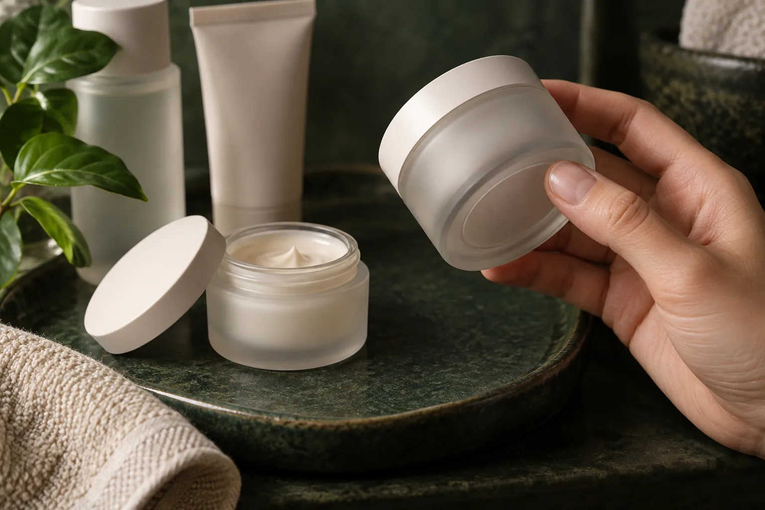 Main retournant un pot cosmétique neutre pour inspecter sa base à côté d'un second pot ouvert