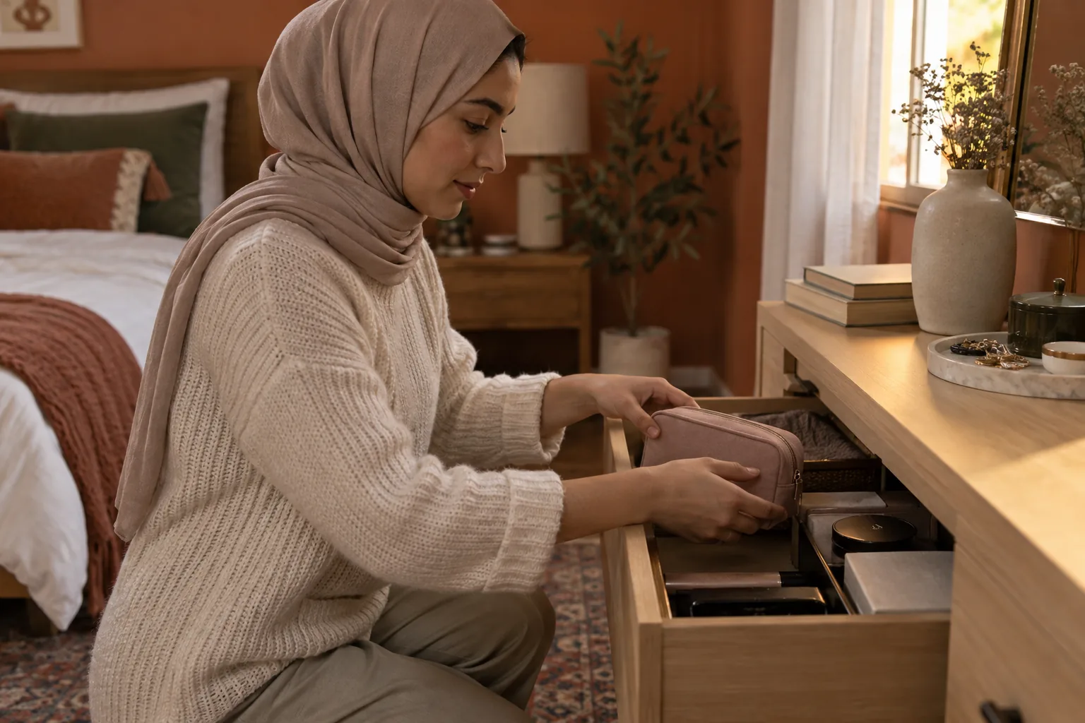 Jeune femme portant un foulard range une petite trousse de maquillage neutre dans un tiroir de chambre sec