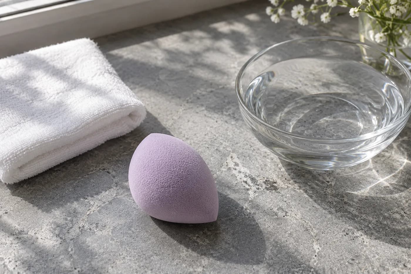 Esponja lila, toalla blanca doblada y cuenco de agua sobre piedra gris junto a una ventana
