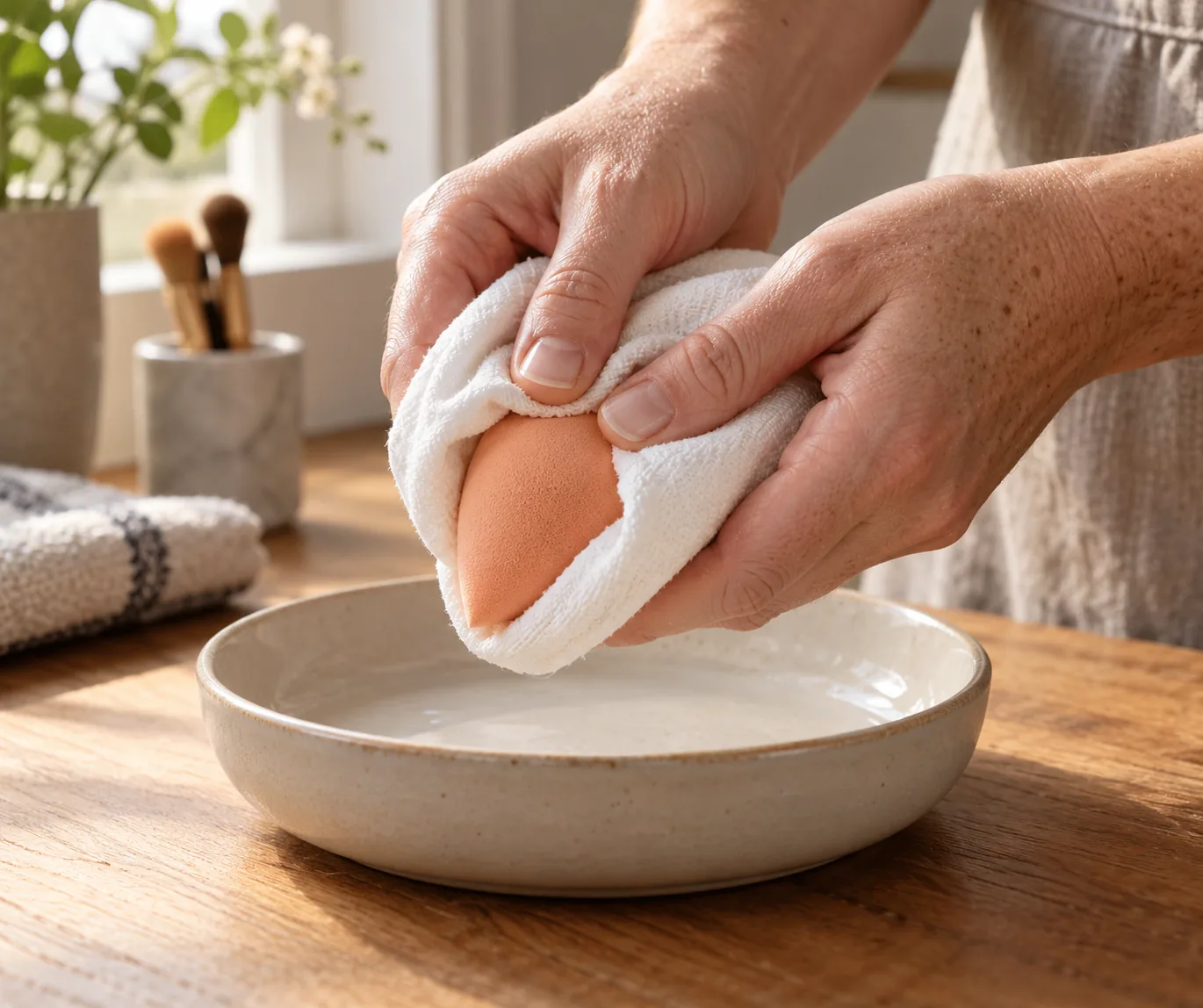 Manos adultas con pecas presionan una esponja melocotón dentro de una toalla blanca sobre un plato